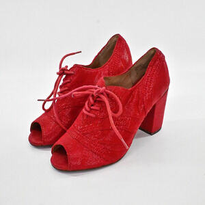 SEYCHELLES Womens Eternity Peep Toe‎ Oxford Heels Sz 6 Red Shimmer Lace Up Retro